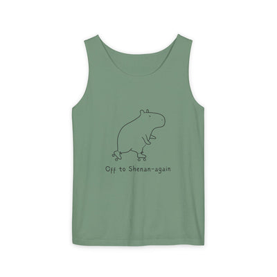 Capy Life sage green tank top featuring a minimalist line drawing of a capybara on roller skates with text.