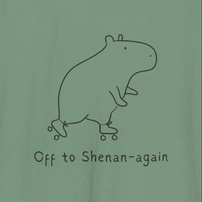 Capy Life sage green tank top featuring a minimalist line drawing of a capybara on roller skates with text