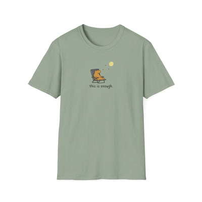 Capy Life softstyle sage green t-shirt featuring a hand-drawn capybara relaxing in a chair under a full moon.