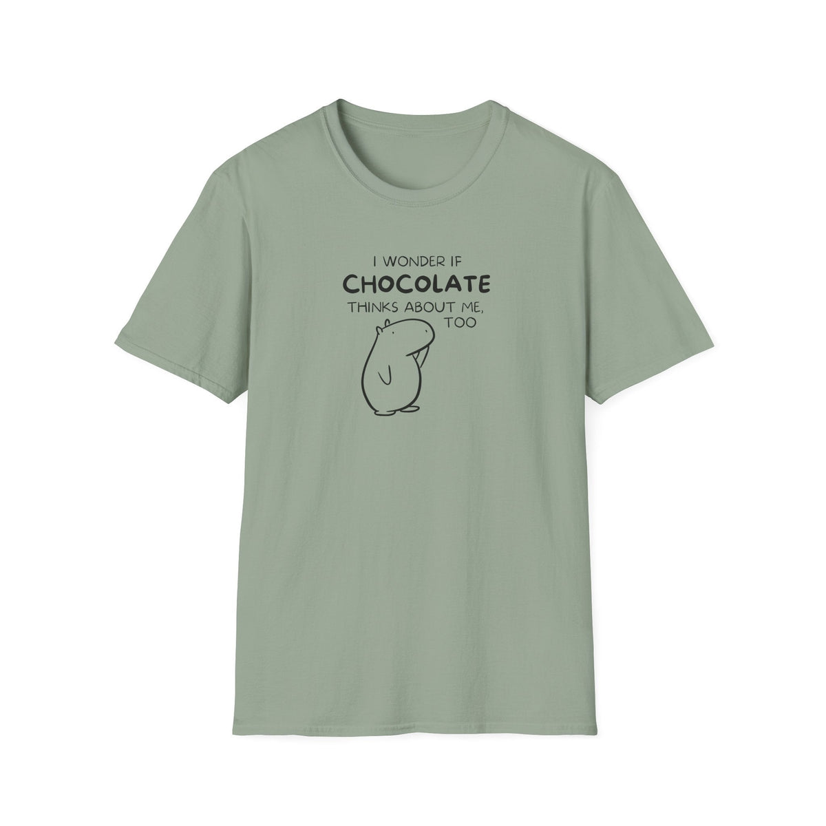 Capy Life sage green softstyle t-shirt featuring a black line art capybara and the text I wonder if chocolate thinks
