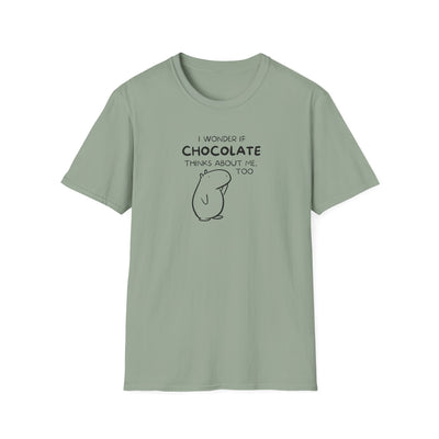Capy Life sage green softstyle t-shirt featuring a black line art capybara and the text I wonder if chocolate thinks