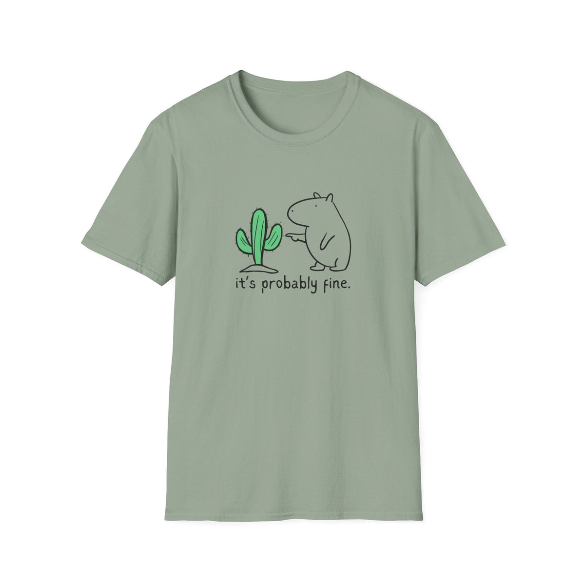 Capy Life softstyle tee in sage green featuring a hand-drawn capybara touching a cactus with the text it is probably fine