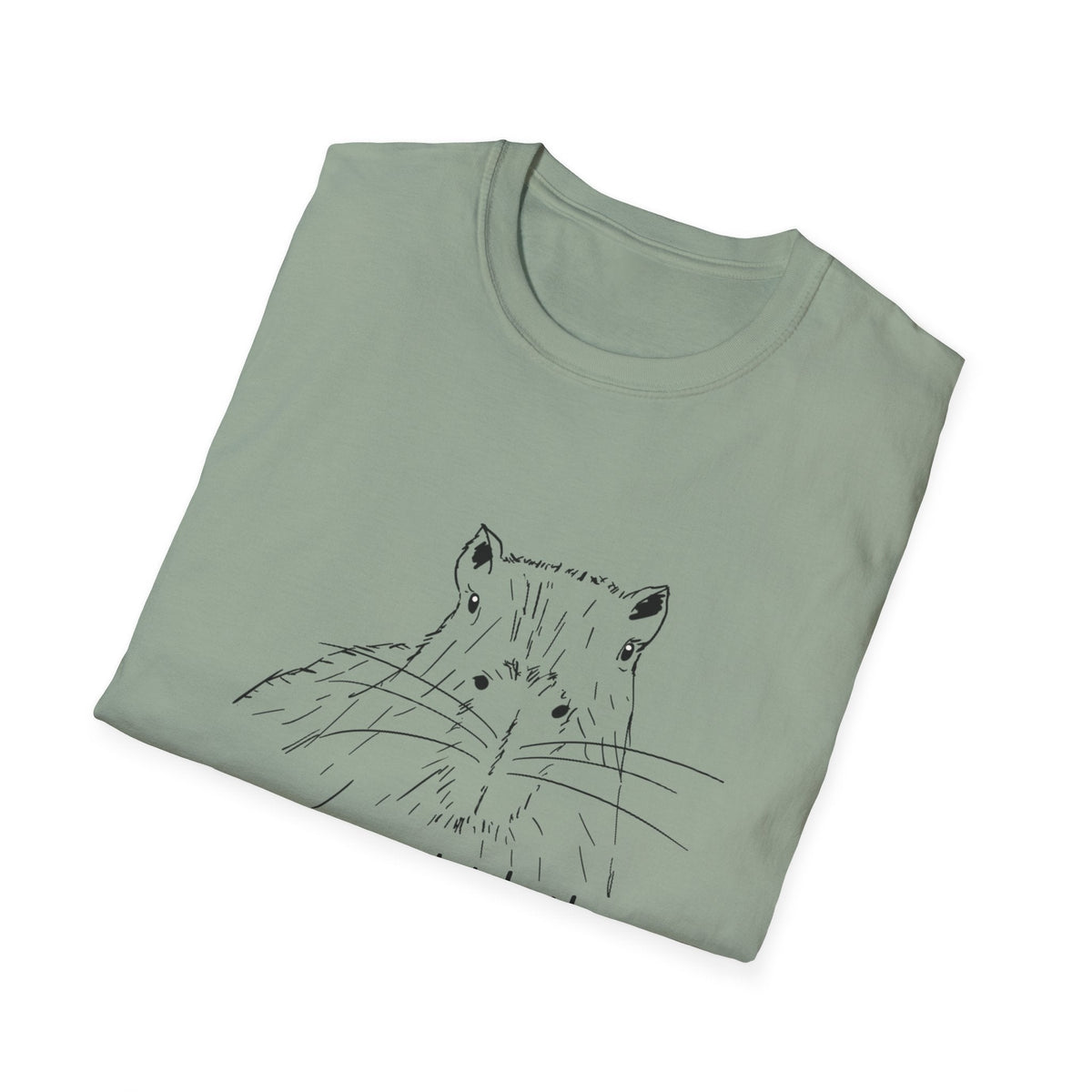 Capy Life softstyle tee in sage green featuring a hand-drawn black sketch of a curious capybara face.