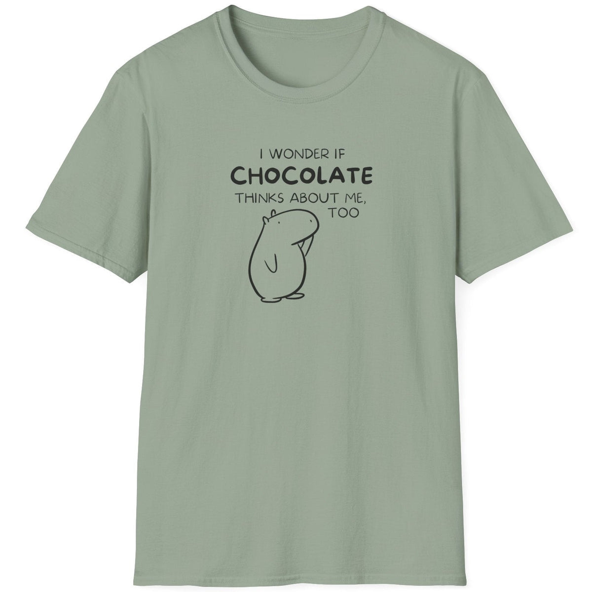 Capy Life sage green softstyle t-shirt featuring a black line art capybara and the text I wonder if chocolate thinks about me too.