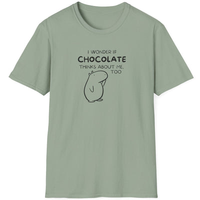 Capy Life sage green softstyle t-shirt featuring a black line art capybara and the text I wonder if chocolate thinks about me too.