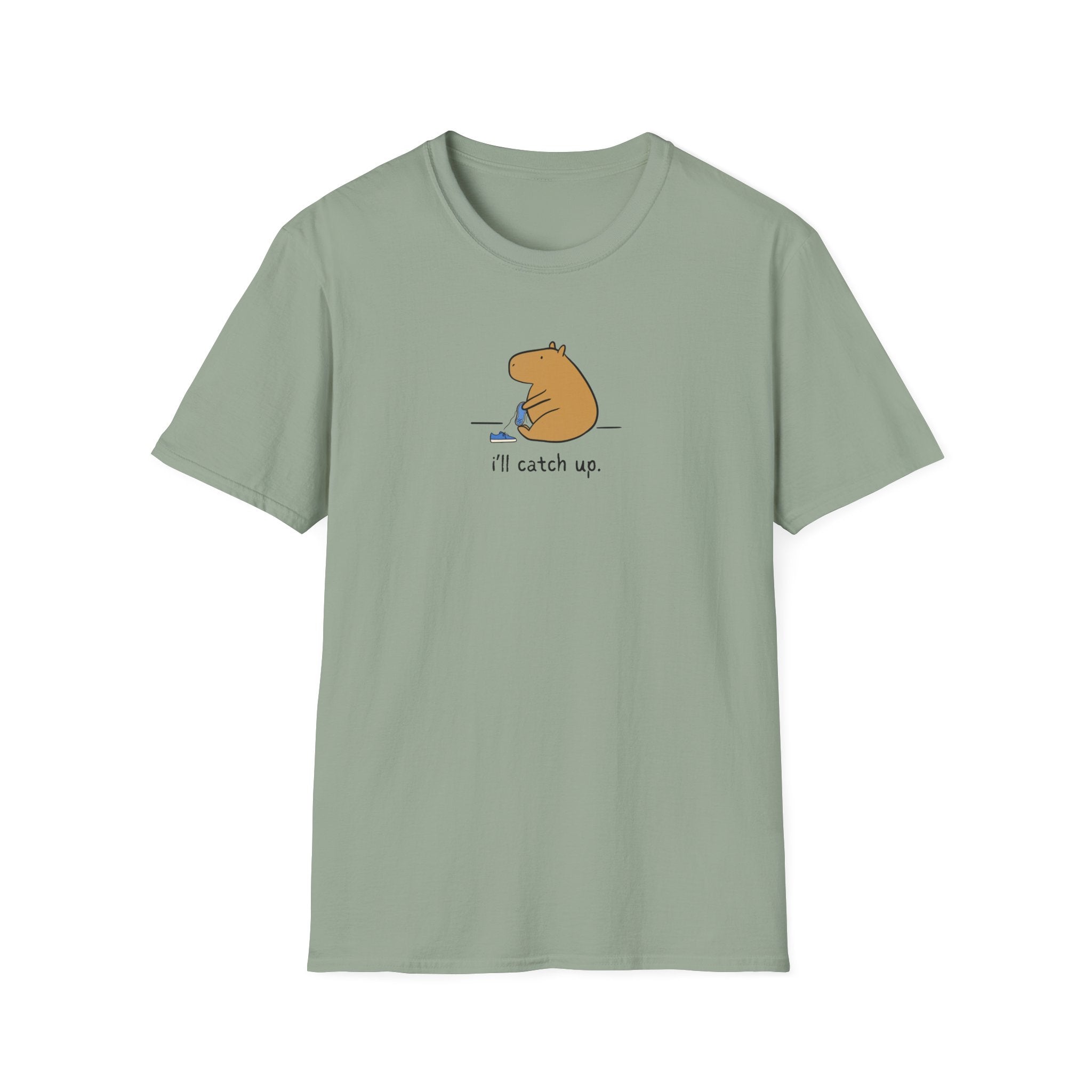 Capy Life softstyle sage green t-shirt featuring a minimalist capybara illustration with the text i'll catch up.