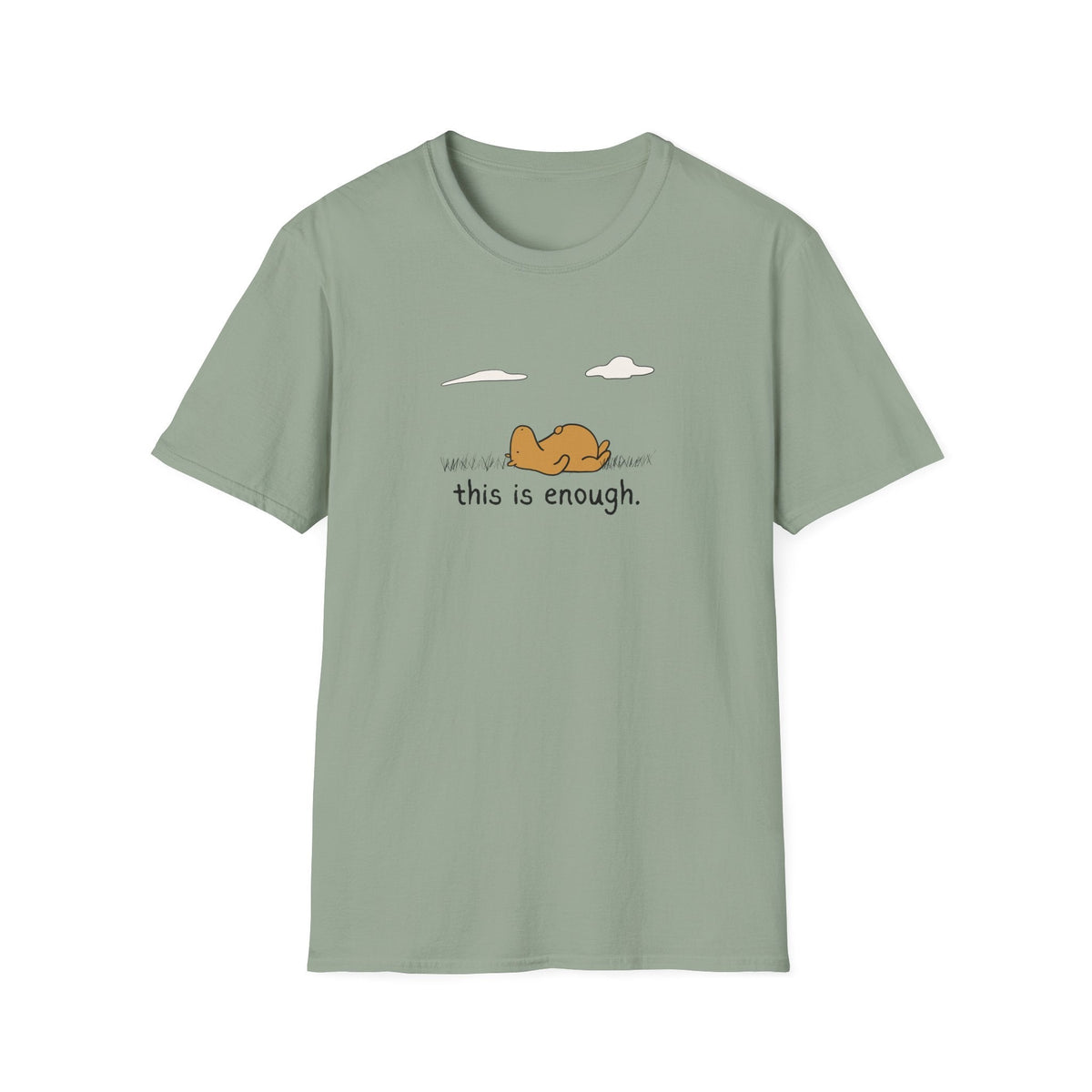 Capy Life sage green softstyle t-shirt featuring a hand-drawn capybara lying in grass with the text This Is Enough