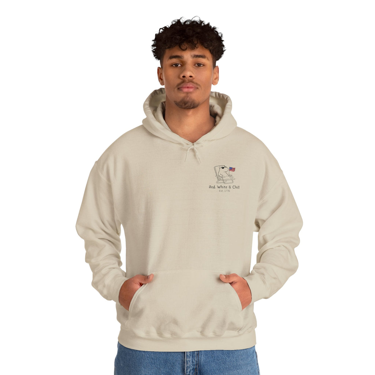 Capy Life adult pullover hoodie in sand featuring a minimalist capybara graphic with an American flag and text.