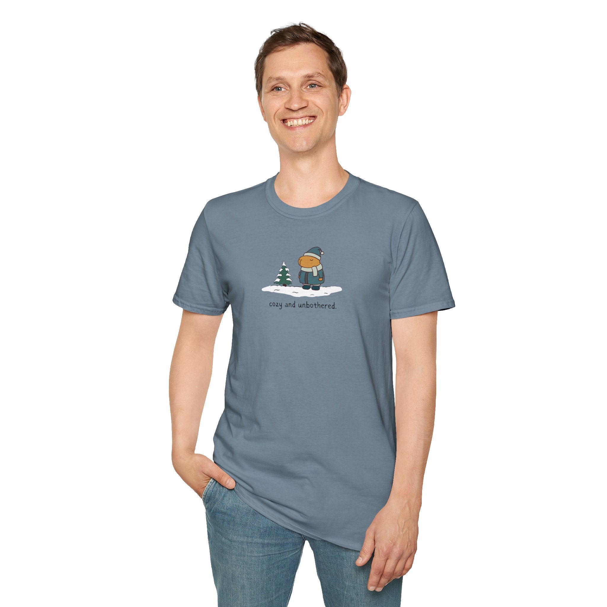Capy Life softstyle t-shirt in slate blue featuring a capybara in winter gear with the text cozy and unbothered