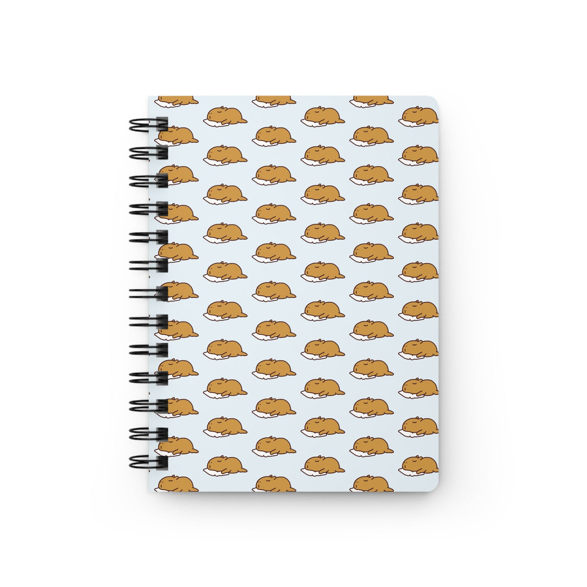 Capy Life spiral notebook featuring a repeating pattern of cute sleeping capybaras on a soft blue background.