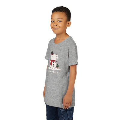 Capy Life youth grey t-shirt featuring a cute Snowy-bara capybara snowman illustration with a red scarf and top hat
