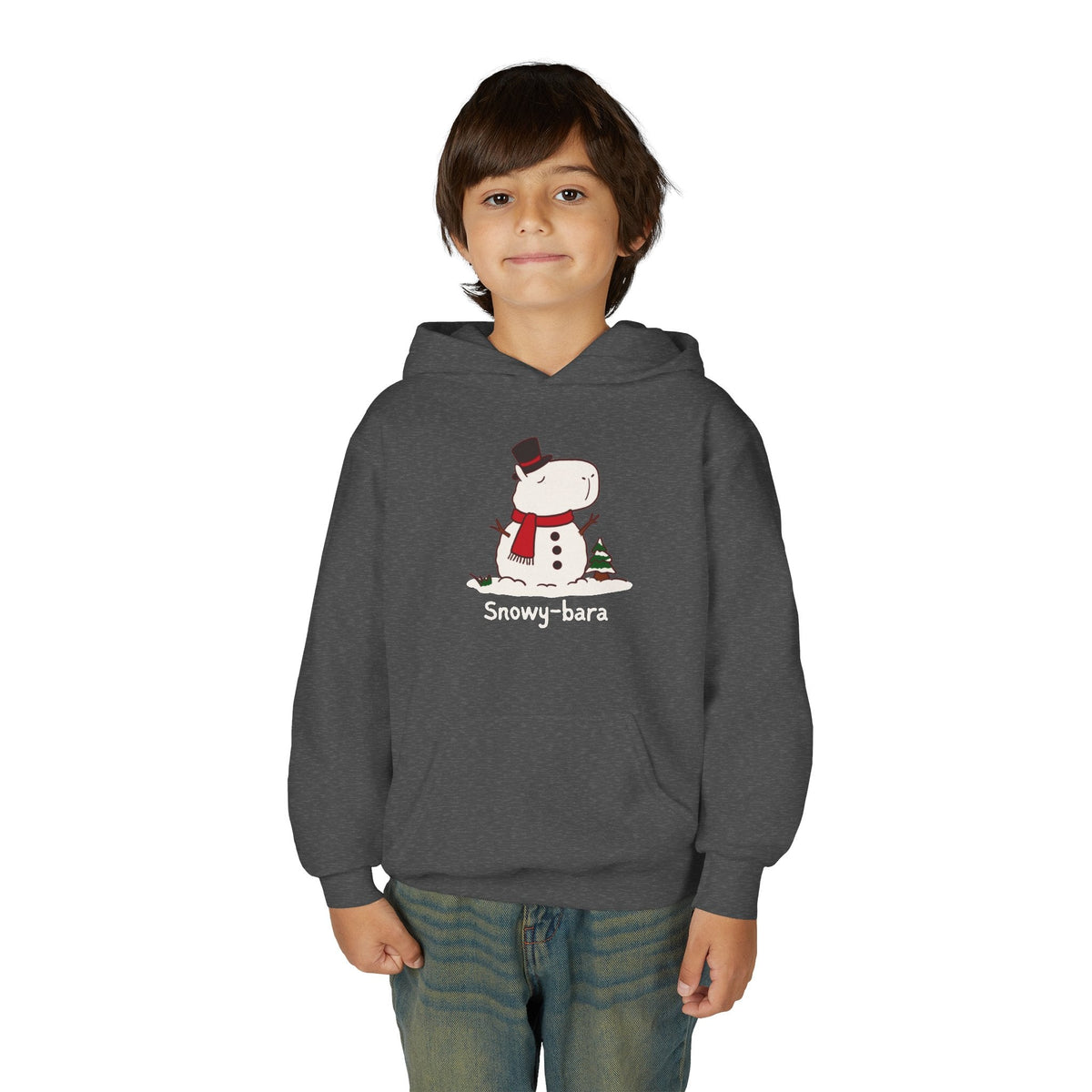 Capy Life kids heather gray hoodie featuring a cute Snowy-bara capybara snowman illustration with a red scarf.