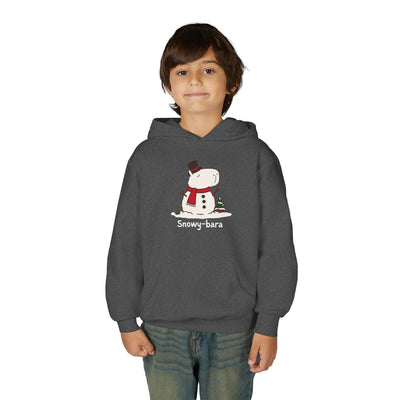 Capy Life kids heather gray hoodie featuring a cute Snowy-bara capybara snowman illustration with a red scarf.