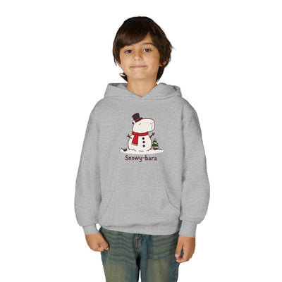 Capy Life heather gray youth hoodie featuring a cute Snowy-bara capybara snowman illustration with a red scarf.