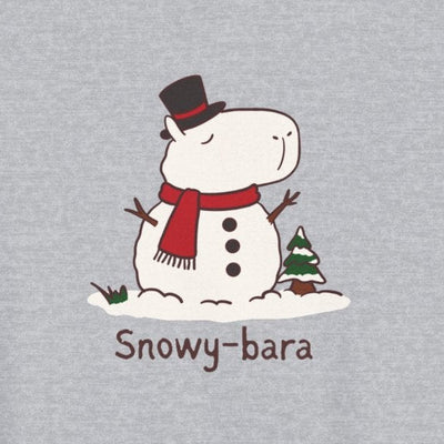 Capy Life heather gray hoodie featuring a cute Snowy-bara capybara snowman illustration with a red scarf and top hat.