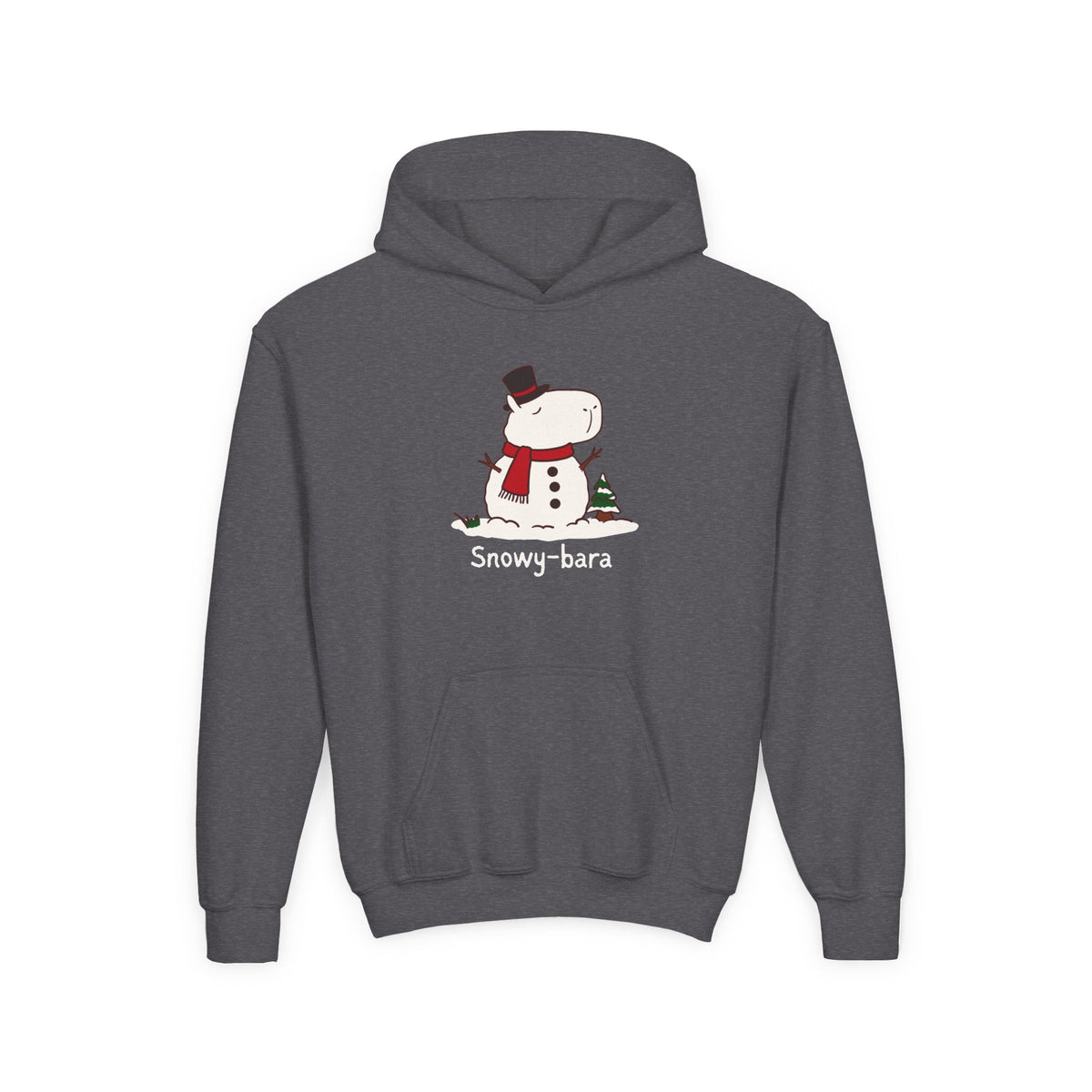 Capy Life kids heather gray pullover hoodie featuring a cute Snowy-bara capybara snowman illustration with a red scarf.