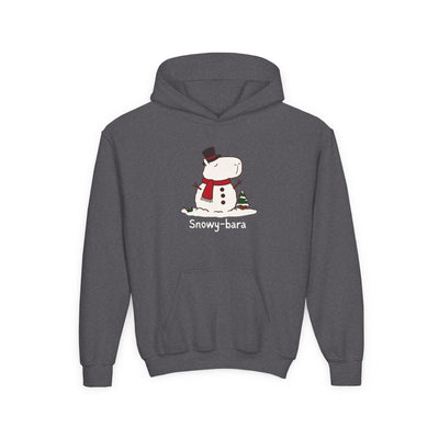 Capy Life kids heather gray pullover hoodie featuring a cute Snowy-bara capybara snowman illustration with a red scarf.
