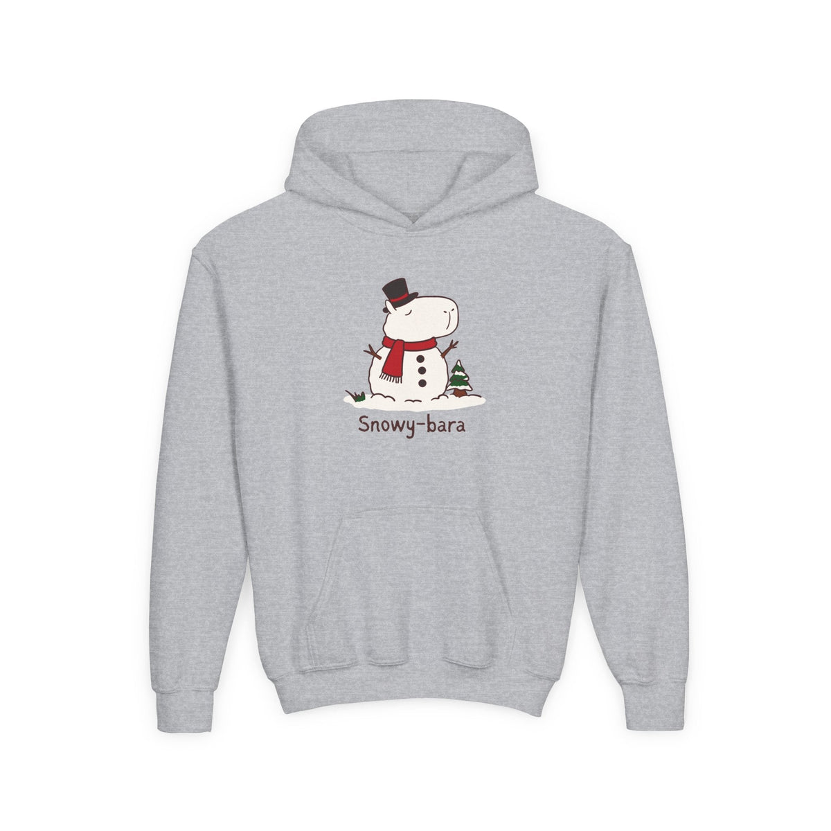 Capy Life heather gray kids hoodie featuring a cute Snowy-bara capybara snowman illustration with a red scarf.