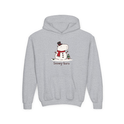 Capy Life heather gray kids hoodie featuring a cute Snowy-bara capybara snowman illustration with a red scarf.