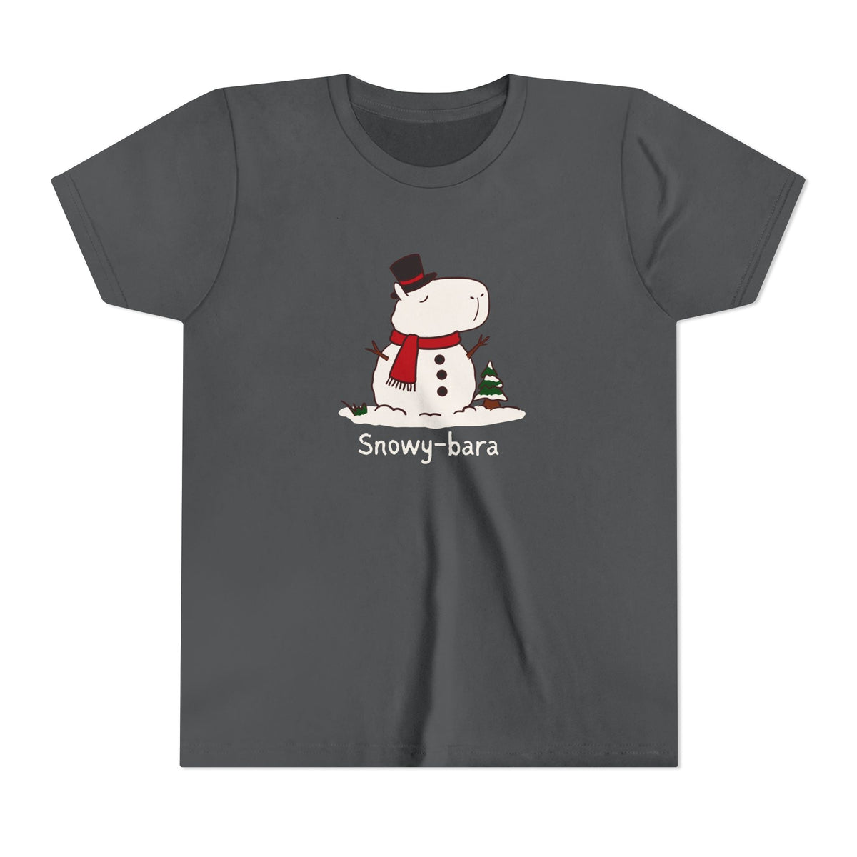 Capy Life kids charcoal grey t-shirt featuring a cute hand-drawn Snowy-bara snowman capybara illustration.