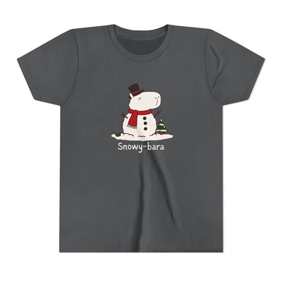 Capy Life kids charcoal grey t-shirt featuring a cute hand-drawn Snowy-bara snowman capybara illustration.