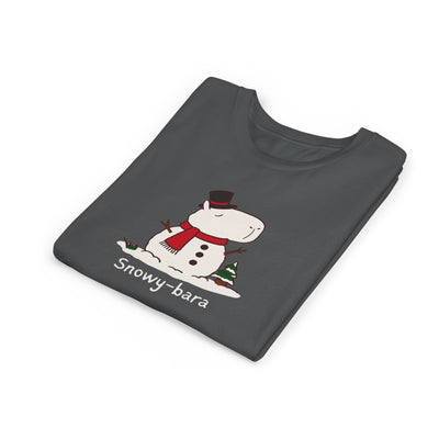 Capy Life kids charcoal grey t-shirt featuring a cute Snowy-bara snowman capybara illustration with a red scarf