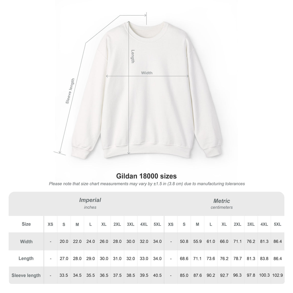 Capy Life size chart for crewneck sweatshirt showing length, width, and sleeve length measurements in inches and cm.