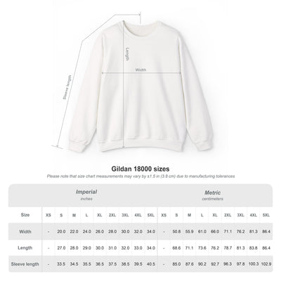 Capy Life size chart for crewneck sweatshirt showing length, width, and sleeve length measurements in inches and cm.
