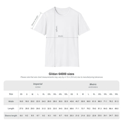 Capy Life size chart for Gildan 64000 softstyle t-shirt showing measurements for width, length, and sleeve length.