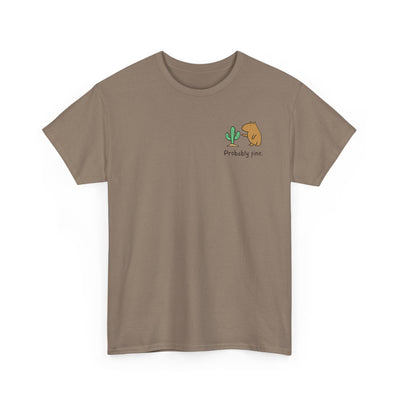 Capy Life heavyweight t-shirt in brown featuring a small left-chest graphic of a capybara standing near a cactus.