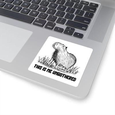 Capy Life vinyl sticker on a laptop featuring a black-and-white sketch of a capybara with text This Is Me Unbothered