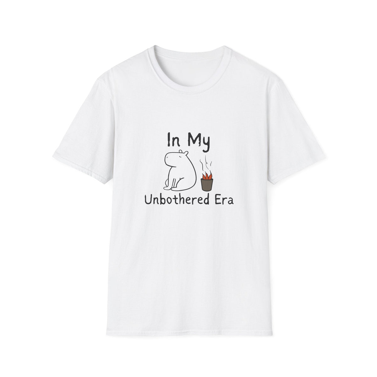 Capy Life white softstyle t-shirt featuring a hand-drawn capybara sitting calmly by a small fire with text