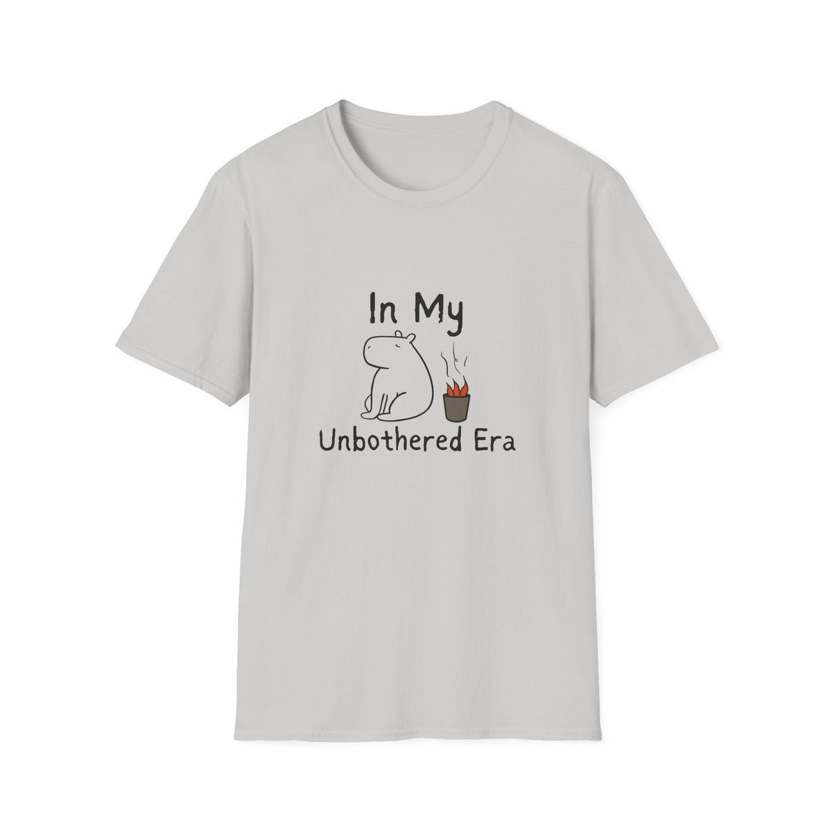 Capy Life light grey softstyle t-shirt featuring a hand-drawn calm capybara sitting by a small fire with text.