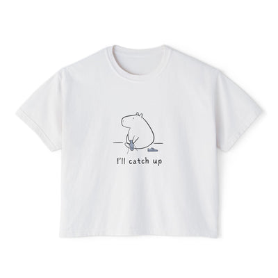 Capy Life white boxy tee featuring a minimalist line-drawn capybara graphic and the text I'll catch up.