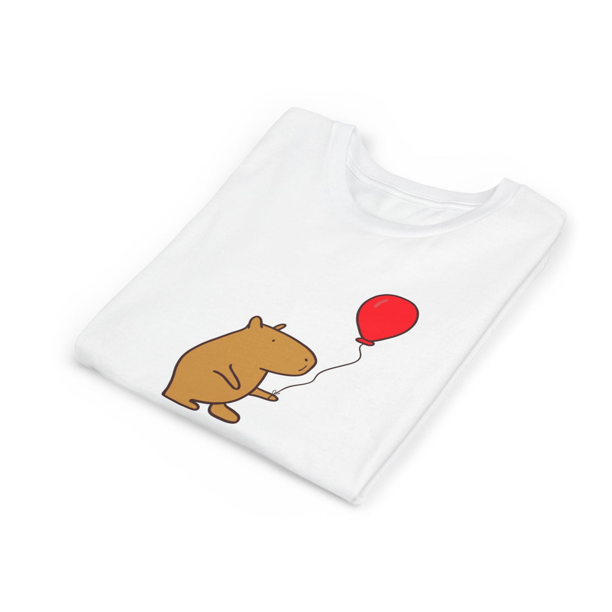 Capy Life white youth t-shirt featuring a cute capybara holding a red balloon with the text Up to Something