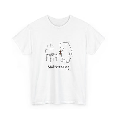 Capy Life white heavy cotton t-shirt featuring a minimalist illustration of a capybara grilling with a drink.