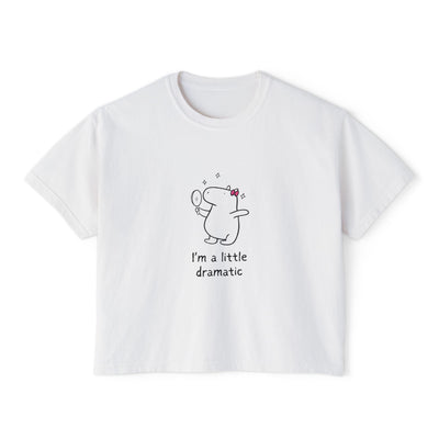 Capy Life white boxy women's t-shirt featuring a cute capybara graphic with a mirror and I'm a little dramatic text.
