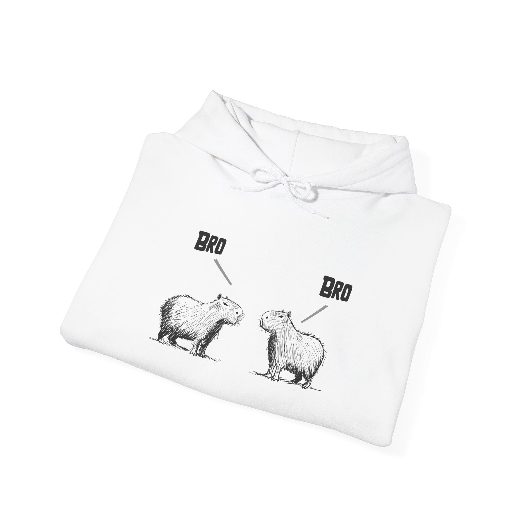 Capy Life white pullover hoodie featuring a sketch of two capybaras facing each other with the word Bro above each.