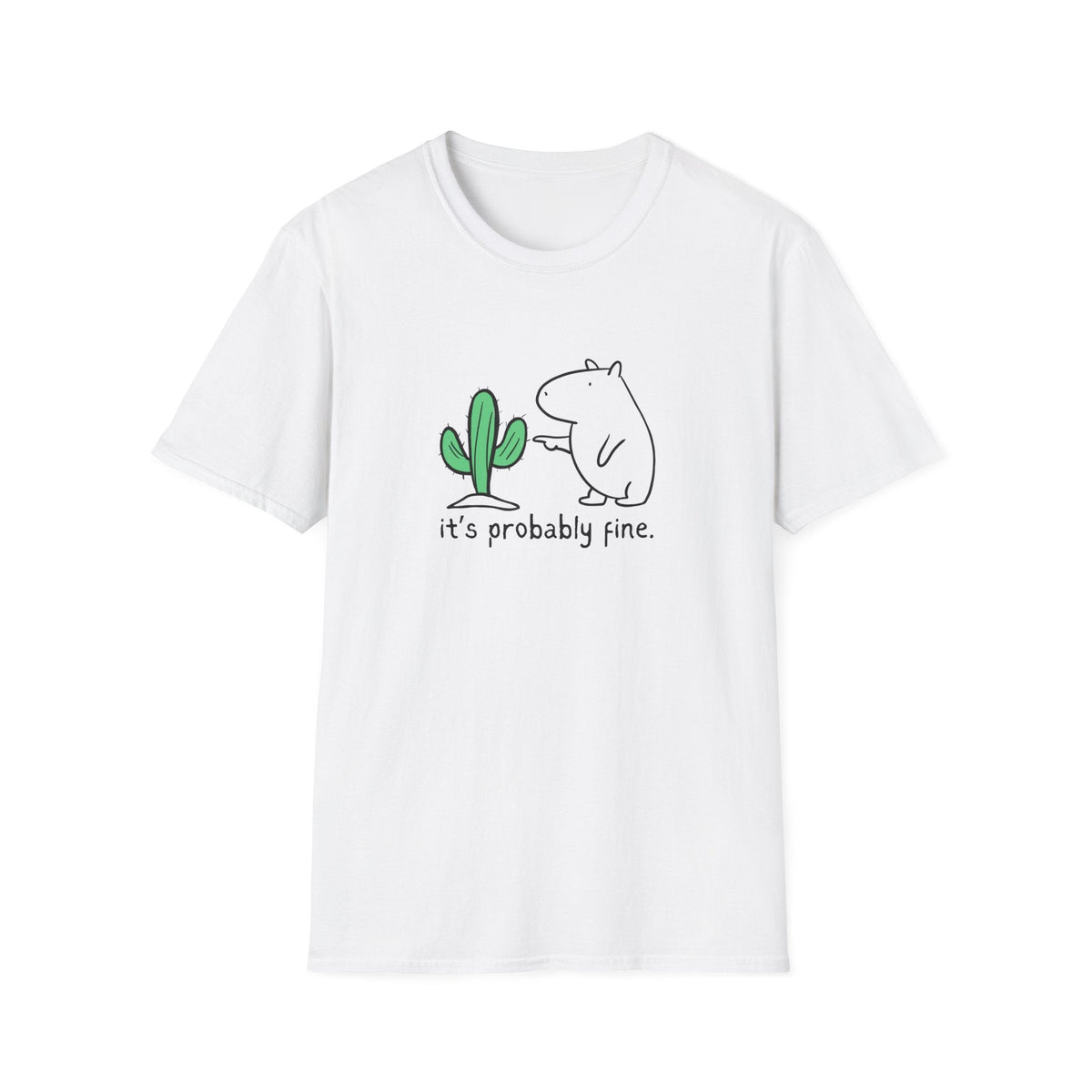 Capy Life white softstyle t-shirt featuring a minimalist hand-drawn capybara touching a green cactus graphic.