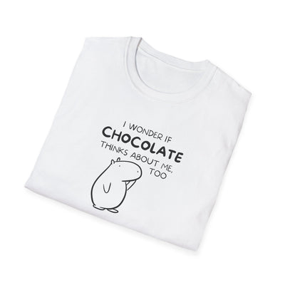 Capy Life white softstyle t-shirt featuring Gene the Capybara line art and the text I wonder if chocolate thinks about me
