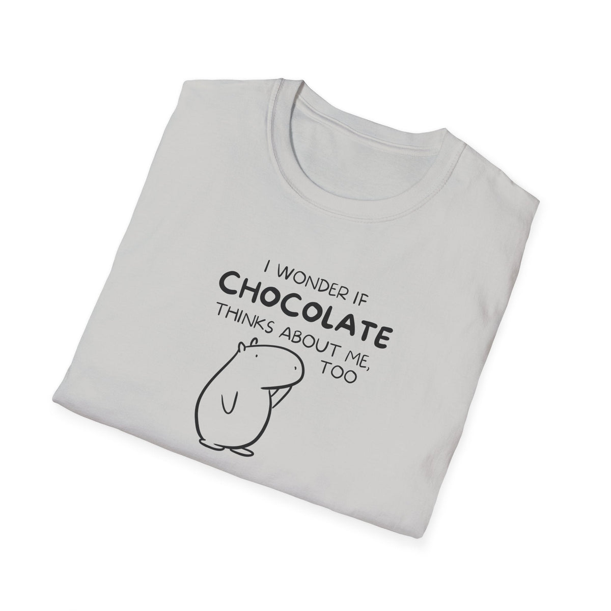 Capy Life white softstyle t-shirt featuring a black line art drawing of a capybara and the text about chocolate.