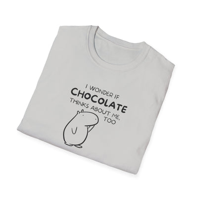 Capy Life white softstyle t-shirt featuring a black line art drawing of a capybara and the text about chocolate.