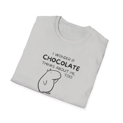 Capy Life softstyle t-shirt in white featuring Gene the Capybara line art and funny chocolate quote text.