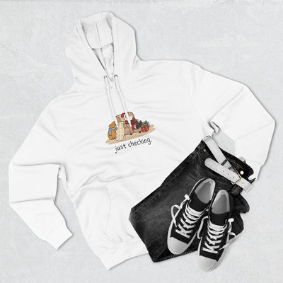 Capy Life white fleece hoodie featuring a funny capybara illustration, styled with black jeans and sneakers.