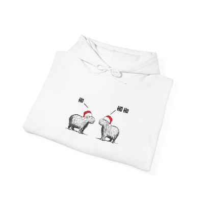 Capy Life white hoodie featuring a sketch of two capybaras in Santa hats saying Ho Ho Ho for a funny Christmas look.