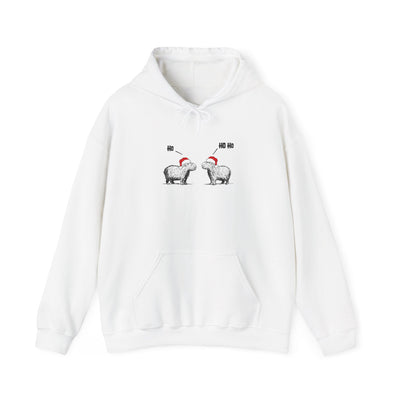 Capy Life white hoodie featuring a sketch of two capybaras in Santa hats saying Ho and Ho Ho for a funny Christmas look