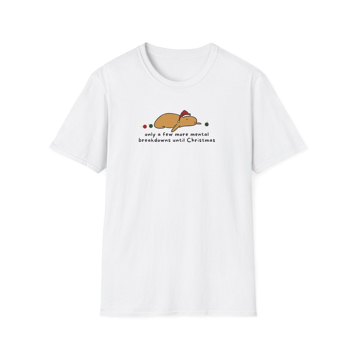 Capy Life white softstyle t-shirt featuring a graphic of Gene the capybara in a Santa hat with holiday ornaments.