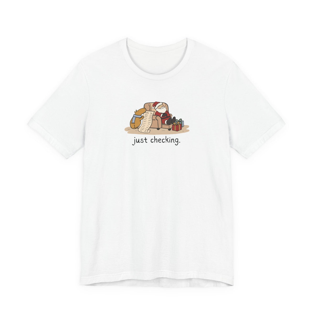 Capy Life white softstyle t-shirt featuring a hand-drawn capybara checking Santa's naughty or nice list.