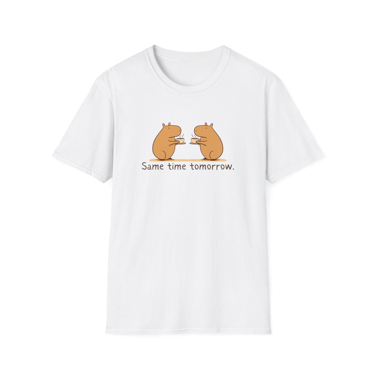 Capy Life white softstyle t-shirt featuring a hand-drawn graphic of two capybaras drinking coffee together.
