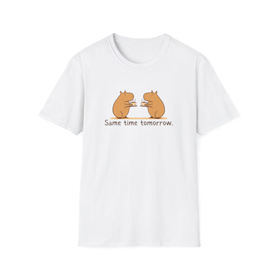 Capy Life white softstyle t-shirt featuring a hand-drawn graphic of two capybaras drinking coffee together.